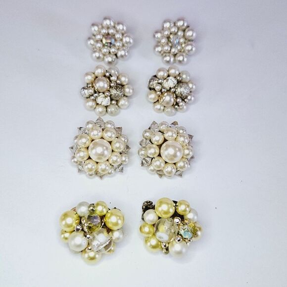 Lot Of Four Sets of Vintage Hand Beaded Japan Round Clip On Faux Pearl Earrings - Picture 2 of 16